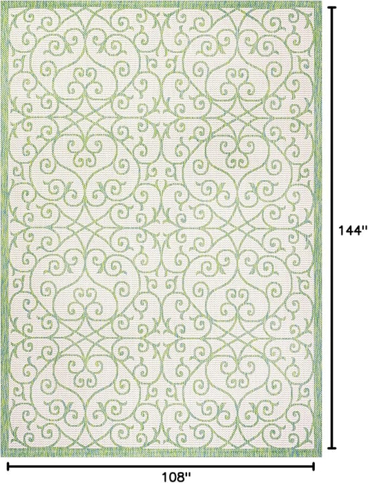 JONATHAN Y Vintage Filigree Indoor Outdoor Area Rug 9X12 Cream/Green, Madrid Textured Weave for Backyard, Patio, Porch, Easy-Cleaning, High Traffic, Pet-Friendly, Non-Shedding (SMB107J-9)