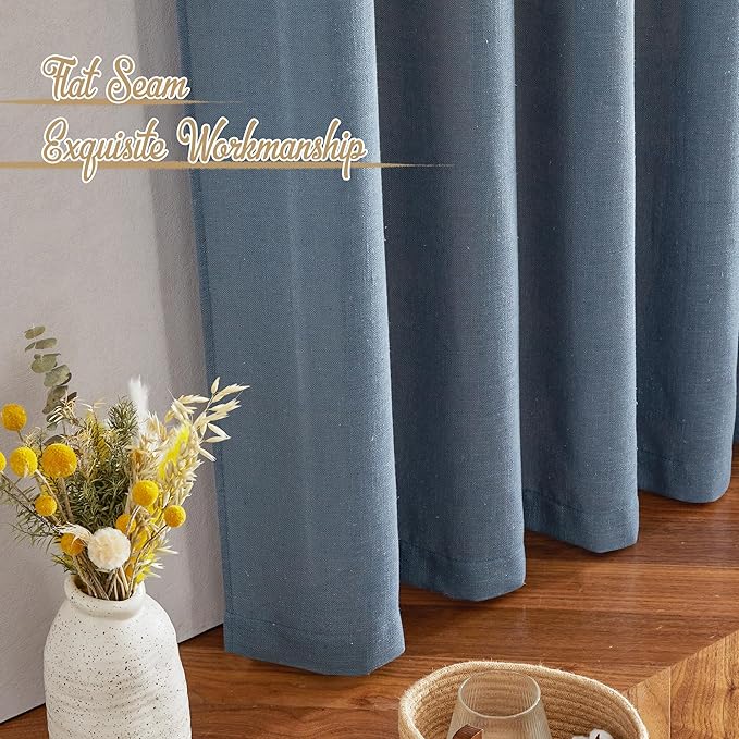 NICETOWN Linen Blend Stone Blue Curtains for Living Room, Rod Pocket & Back Tab Flax Burlap Drapes Semi Sheer Privacy with Light Filtering Window Treatments for Bedroom, W52 x L95, 2 Panels