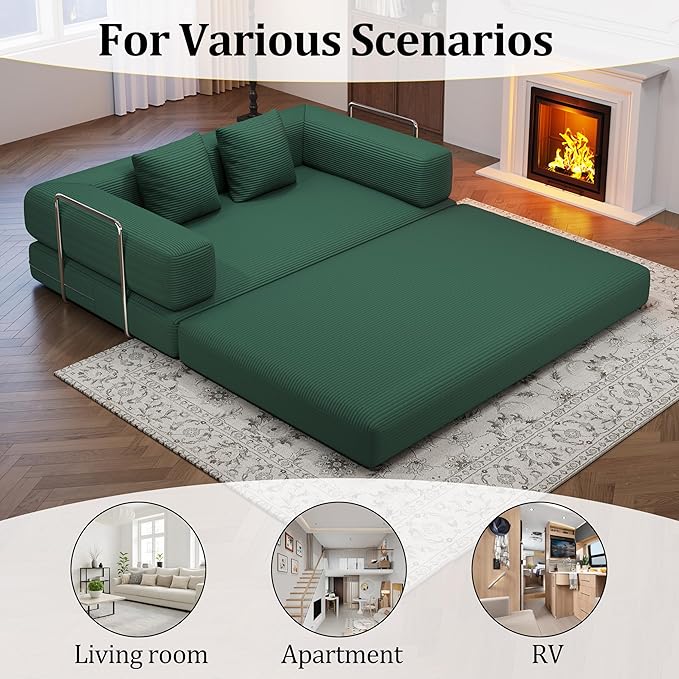 BSHOMGI 4-in-1 Foldable Sofa Bed Teddy Fabric Foam-Filled Compressed Couch, Convertible Loveseat Sofa, Boneless FoldingSleeper for Living Room, Guest Bed, Playroom (Green, 59” 2 Seat)