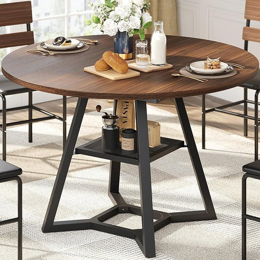 Round Dining Table for 4, Kitchen Tables Dining Room Circle Dinner Table with Pedestal Metal Frame, Space Saving Wood Industrial Kitchen & Dining Room Tables, Walnut 43In