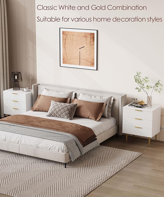 3 Drawer Nightstand with Charging Station, 23.2" W Large Fluted Night Stand, Modern Bedside Table with USB Ports and Outlets, for Bedroom, White and Gold