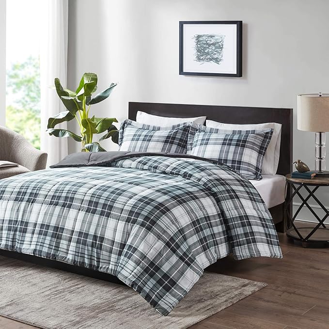 Madison Park Essentials Parkston Plaid Comforter, Matching Sham, 3M Scotchguard Stain Release Cover, Hypoallergenic All Season Bedding-Set, Twin/TwinXL, Black, 2 Piece