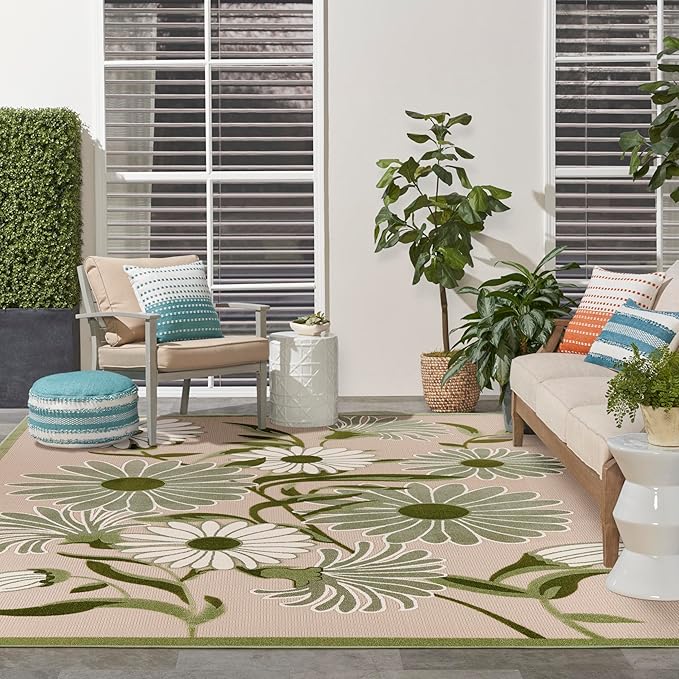 Nourison Home Aloha Ivory Green 10' x 14' Area Rug - Easy Clean, Non Shedding, Bed Room, Living Room, Dining Room, Kitchen (10' x 14')