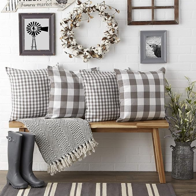 DII Decorative Square Throw Pillow Cover Collection Cotton, Machine Washable, Hidden Zipper, 18x18, Gray Gingham, 4 Piece