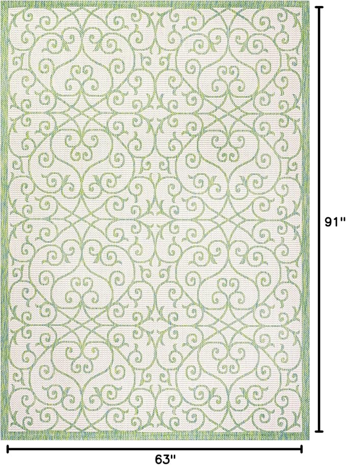 JONATHAN Y Vintage Filigree Indoor Outdoor Area Rug 5X8 Cream/Green, Madrid Textured Weave for Backyard, Patio, Porch, Easy-Cleaning, High Traffic, Pet-Friendly, Non-Shedding (SMB107J-5)