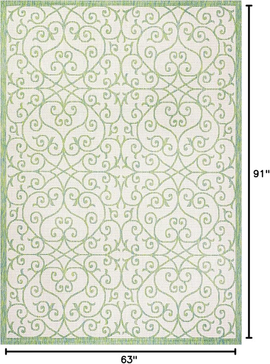 JONATHAN Y Vintage Filigree Indoor Outdoor Area Rug 5X8 Cream/Green, Madrid Textured Weave for Backyard, Patio, Porch, Easy-Cleaning, High Traffic, Pet-Friendly, Non-Shedding (SMB107J-5)