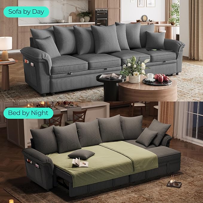 LINSY HOME Oversized Sectional Sleeper Sofa with Pull Out Couch Bed (Gray, 110.5'') | USB Charging, Pillow-style Armrest, Multiple Cushions, Modular Sofa, Corduroy Fabric