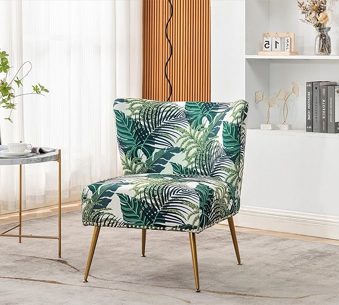 Thia Armless Accent Chair for Living Room, Elegant Seat with Nailhead Trim, Gold Metal Legs and Comfortable Curved Back, 28" D x 25" W x 29.5" H, 01 Floral Print