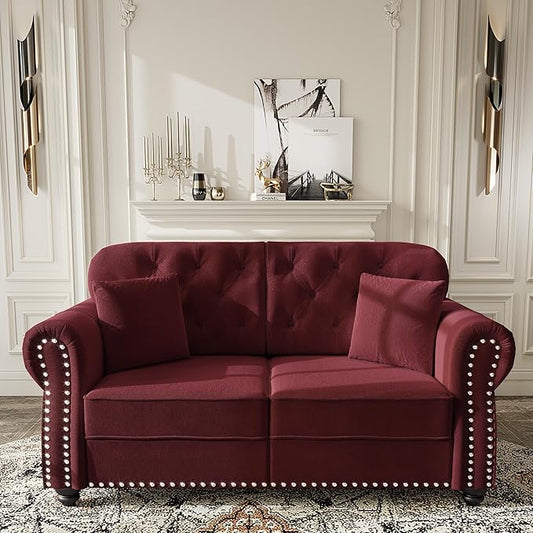 KEIKI 63" Velvet Chesterfield Sofa with Rolled Arms & Nailhead Trim, Modern Upholstered 2-Seater Button Tufted Couch with High Resilience Cushion & 2 Pillow, Easy Assembly, for Living Room, Burgundy