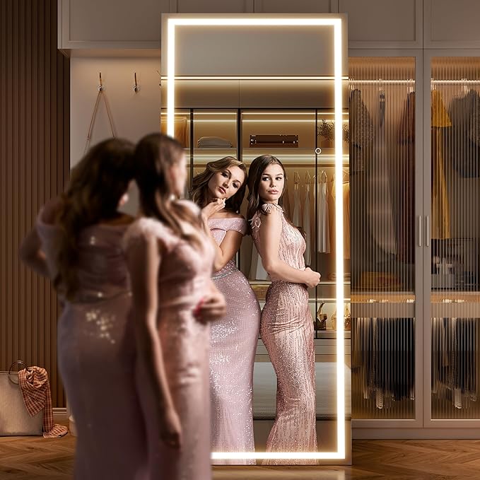 71" x 28" Full Length Mirror with Lights, LED Lighted Floor Standing Body Mirror, Dimmable & 3 Color Lighting for Bedroom, Cloakroom, Dressing Room, Tempered Glass, Black Frame