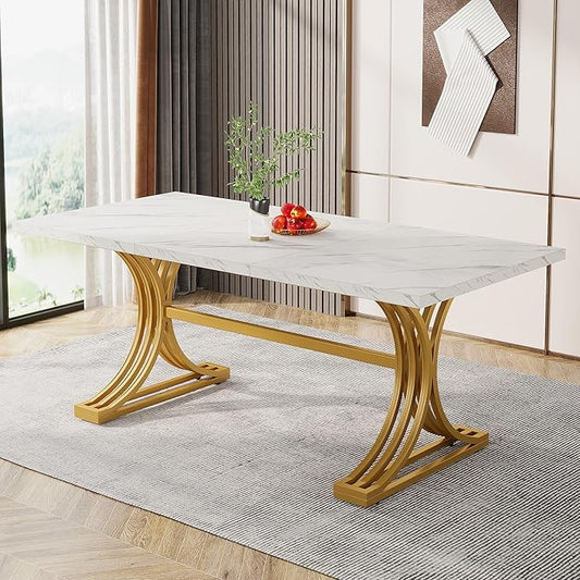 Tribesigns 63-Inch Rectangular Dining Table for 4 to 6, Modern Kitchen Tables with Stylish Metal Trestle Legs, Large Dinner Tables for Dining Room, Only Table (White+Gold)