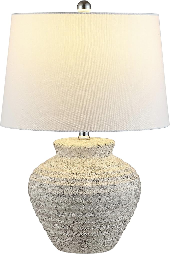 SAFAVIEH Lighting Collection – Ledger Rustic Farmhouse Light Grey Ceramic Table Lamp with White Drum Shade, 23-Inch Bedroom or Living Room Lamp, LED Bulb Included (TBL4352A)