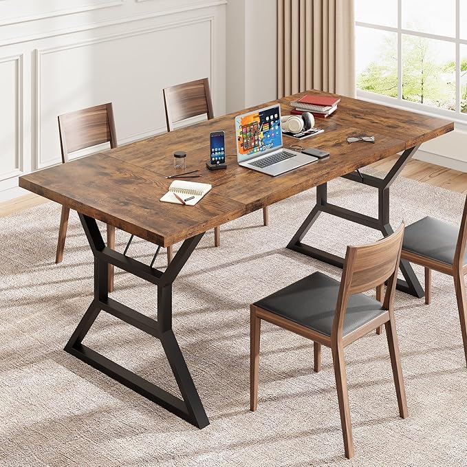 Garvee 79 Inch Dinning Table for 6-8, Farmhouse Kitchen Table with Unique Shaped Legs and Large Tabletop, Industrial Wood Dining Table for Living Room, Kitchen, Dining Room