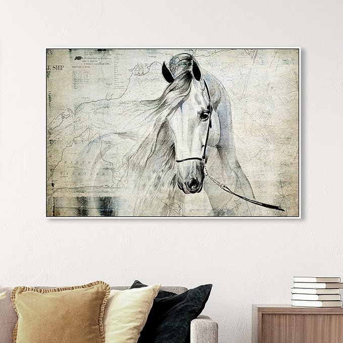 Country Farmhouse Canvas Print Painting Animal Wall Art 'Southern White Horse' White Framed Canvas Rustic Home Décor 54x36 in Gray, Brown by Oliver Gal