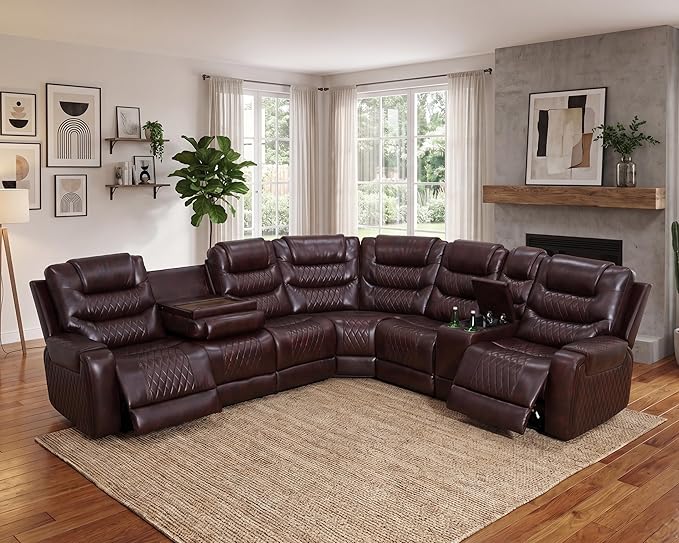 Breathing Leather Recliner Sectional Sofa, Power Reclining Sectional Couch with LED, L Shaped Recliner Couch 6 Seat Sofa for Living Room with USB Port&Cup Holders (Dark Red)