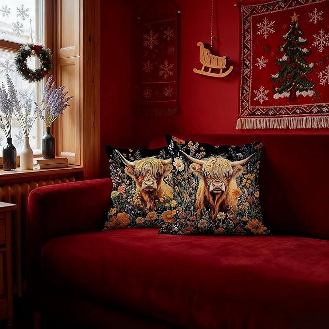 William Morris Inspired-Vintage Floral Highland Cow Pillow Covers 18x18 Set of 2, Highland Cow Lover Gifts,Dark Floral Botanical Farmhouse Cows Decor Pillow Covers for Home Living Room Bedroom
