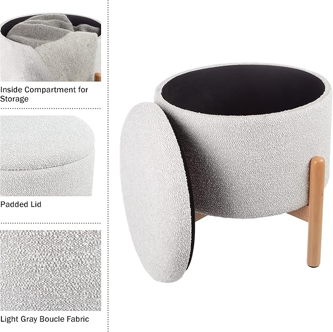 Storage Ottoman - Multipurpose Round Footrest or Storage Organizer with Removable Top for Living Room, Dorm, or Apartment by Lavish Home (Gray)