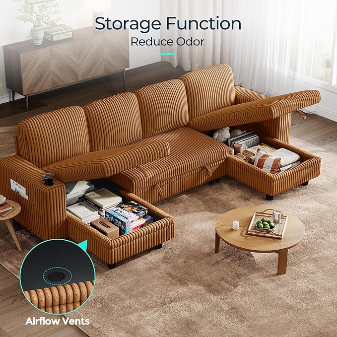 LINSY HOME Sectional Sleeper Sofa Pull Out Couches for Living Room (Brown, Sleeper Sofa 3) | Pull Out Sofa Bed, Storage, USB Charging, Cup Holders, Plush Corduroy | Pull Out Sofa Bed, Storage, USB Charging, Cup Holders, Plush Corduroy