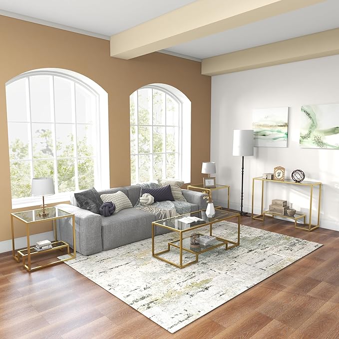 NAFORT Tempered Glass Coffee Table, 45 Inch Gold Rectangular Modern Center Table with Lower Storage Shelf