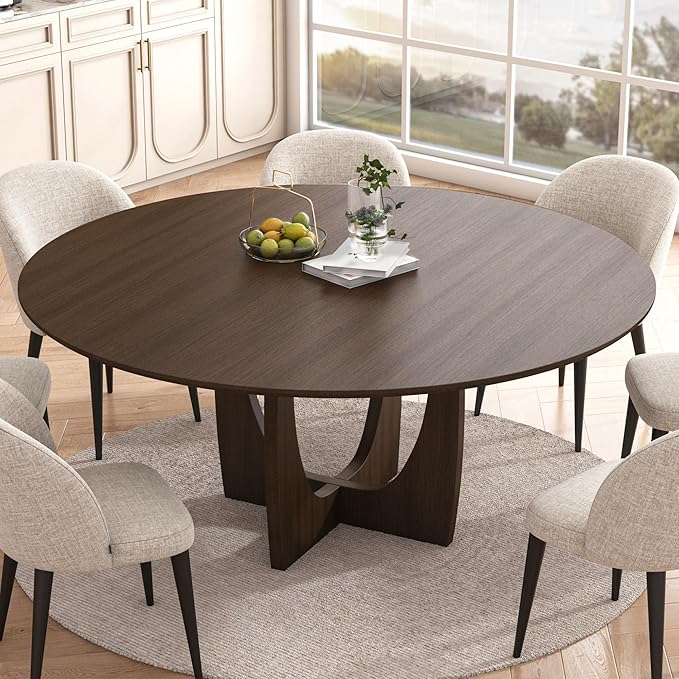 Casaphoria 59" Round Dining Table for 8 with Scratch-Resistant Top & Cross Arched Legs – Modern Farmhouse Kitchen Table for Dining Room, Living Room, Bar, Easy Assembly, Walnut