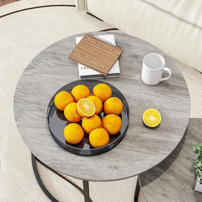 HOJINLINERO Round Coffee Table,Nesting Coffee Table Set of 2,Center Tables for Living Room,Office, Home Small Space,Stacking Side Tables,Sturdy and Easy Assembly,Wood Desktop,Black+Warm Grey,Large