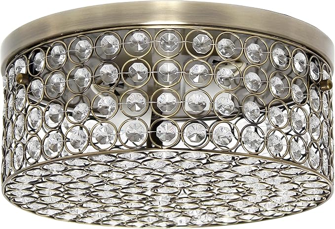 Elegant Designs FM1003-ABS Elipse Crystal 12 Inch Modern Metal 2 Light Round Ceiling Flush Mount Fixture, Antique Brass