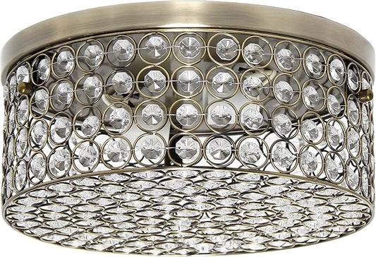Elegant Designs FM1003-ABS Elipse Crystal 12 Inch Modern Metal 2 Light Round Ceiling Flush Mount Fixture, Antique Brass