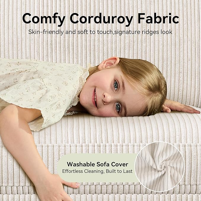 68" Loveseat Sofa, Comfy White Corduroy Couches for Living Room, Mid Century Modern Love Seat Sofa, Tool-Free Setup Small Couches for Bedroom Office