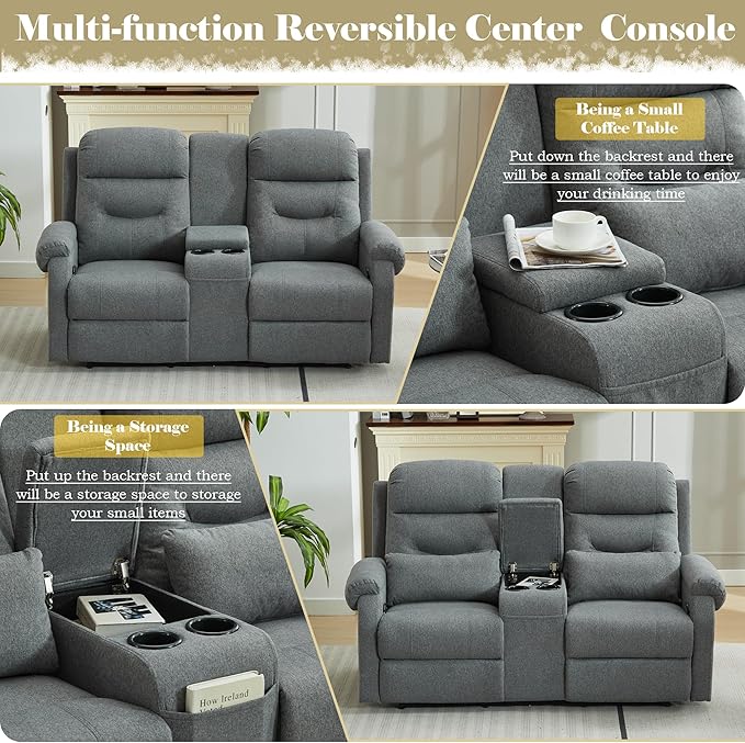 DRMBOOK RV Loveseat Recliner Sofa with Console, Linen Fabric Double Wall Hugger Reclining Couch Manual Home Movie Seating 2 Person Recliner Chair with Cup Holders/Storage/Pocket/Lumbar Pillow, Grey