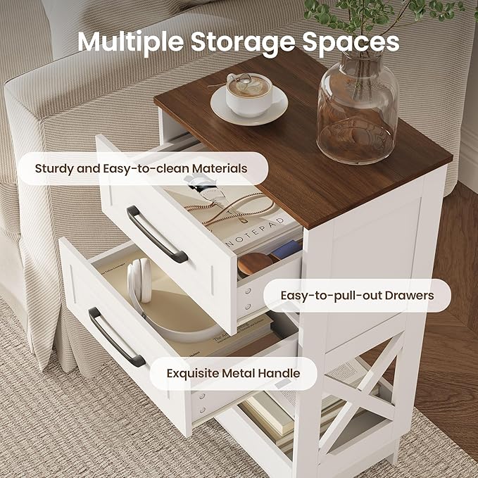 Tall Nightstand Set of 2 Side Table Modern Night Stand with 2 Drawers Wooden Rustic End Table Bedside Table with Upper Open Shelf Solid Feet for Bedroom White+Walnut