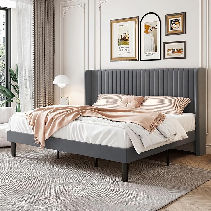 SHA CERLIN King Size Velvet Bed Frame with Vertical Channel Tufted Wingback Headboard, Upholstered Platform Bed with Wood Slats, No Box Spring Needed, Easy Assembly, Grey