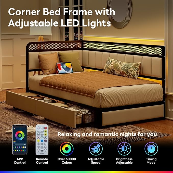 LIKIMIO Twin Corner Bed Frame with Storage Drawers and Charging Station, Modern Twin Daybed with LED Lights and Upholstered Guardrail, Beige
