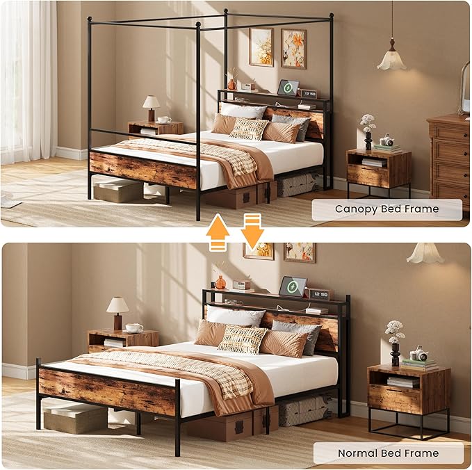 LIKIMIO Canopy Bed Frame Queen with Storage Headboard & Charging Station, Sturdy Metal Platform Bed with 4 Removable Posts, Dual Purpose Bed Frame, No Box Spring Needed, Noise Free