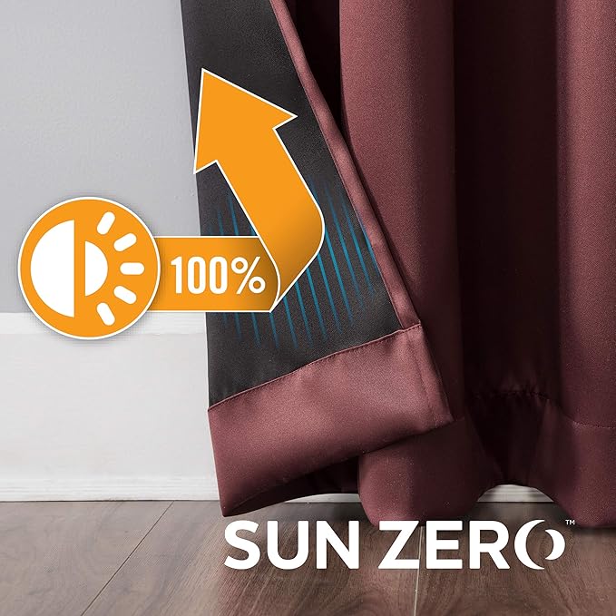 Sun Zero Nordic 2-pack Theater Grade Extreme 100% Blackout Grommet Curtain Panel Pair, 52" x 84", Wine