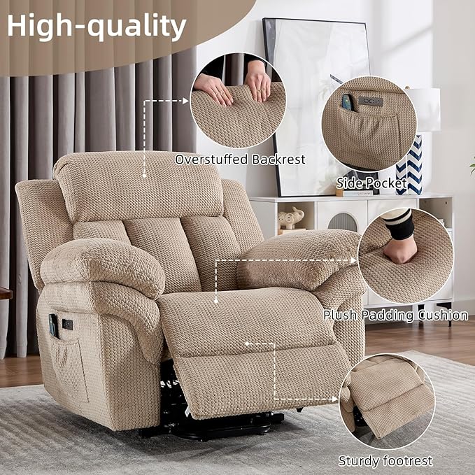 CANMOV 46" Wide Oversized Power Lift Recliner Chair for Elderly, Extra Large Electric Lift Recliners for Big and Tall, Power Recliner Chair with Massage&Heating, USB and Type-C Ports, Light Brown