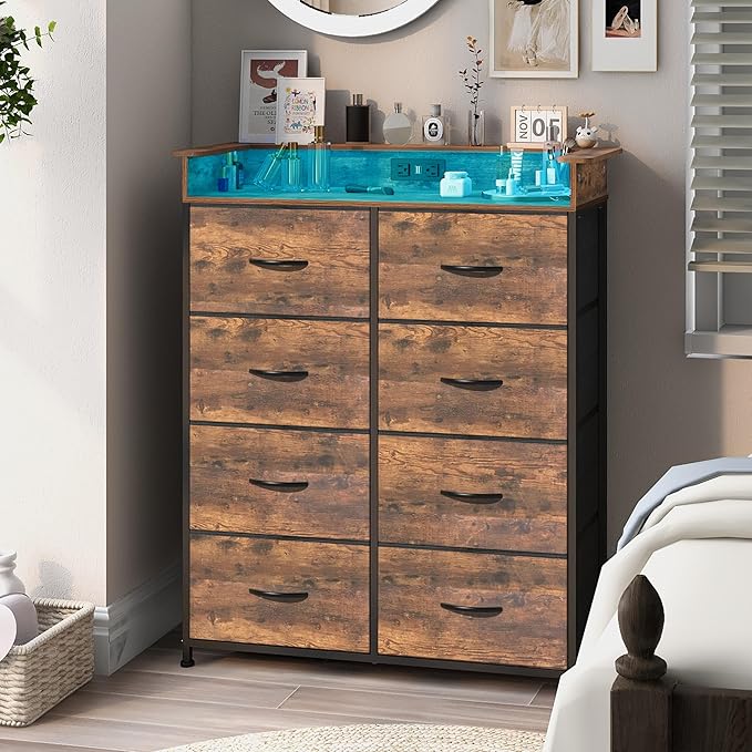 Tall Dresser for Bedroom with Charge Station 8 Drawers Dresser with LED Lights Chest Organizer Units for Hallway Entryway Closets Sturdy Steel Frame Wood Top Easy Pull Handle Rustic Brown