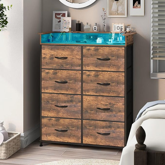 Tall Dresser for Bedroom with Charge Station 8 Drawers Dresser with LED Lights Chest Organizer Units for Hallway Entryway Closets Sturdy Steel Frame Wood Top Easy Pull Handle Rustic Brown