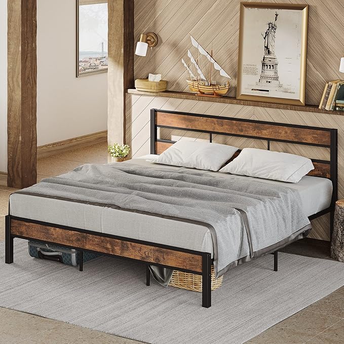LIKIMIO King Bed Frame and Headboard, Easy Assembly, Noise-Free, No Box Spring Needed, Heavy Strong Metal Support Frames, Vintage Brown