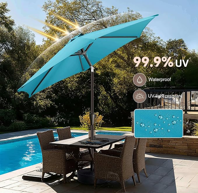 7.5ft Outdoor Patio Umbrella - Table Umbrella Waterprool UV Protection, Sombrillas de Patio with Push Button Tilt, Sun Umbrella for Pool, Porch, Garden, Deck, Backyard (Aqua Blue)