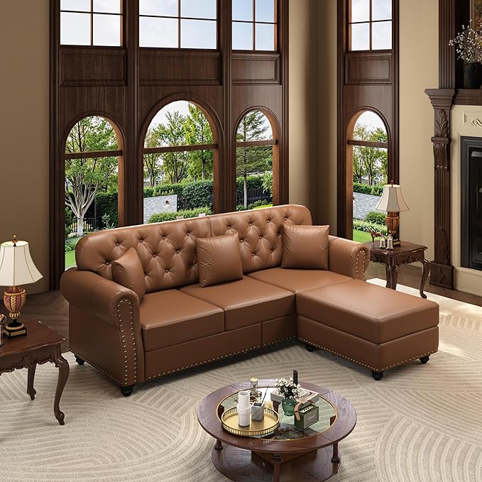 KEIKI 83" Faux Leather Chesterfield Sofa with Rolled Arms & Nailhead Trim & 1 Ottoman, 3-Seater Button Tufted Couch with High Resilience Cushion & 3 Pillow, Easy Assembly, for Living Room, Brown
