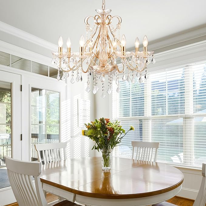 Saint Mossi Gold Crystal Chandelier for Dining Room, 8-Light Modern Chandelier Pendant Light, Gold Crystal Raindrop Chandelier for Bedroom, Living Room, Foyer