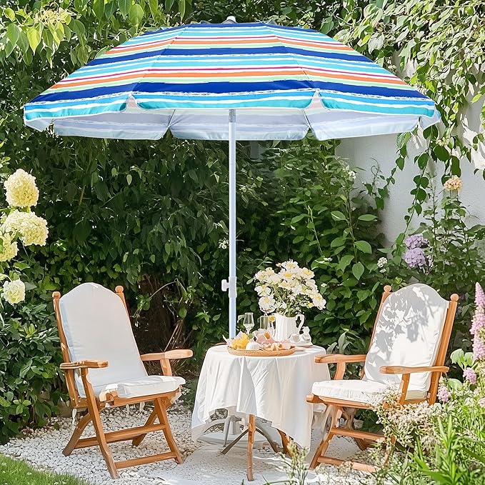 beach umbrella with sand anchor,UPF 50+protection,8 ribs, beach umbrellas for sand portable,with button tilt - multifunctional outdoor sunshade for gardens,courtyards,and beaches.