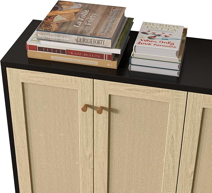 Panana Sideboard Accent Storage Cabinet with Rattan Decorated 4 Doors Dining Room Freestanding Kitchen Buffet Table Cupboard (Black)