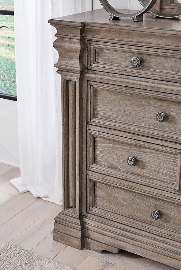 Signature Design by Ashley Blairhurst Traditional 10-Drawer Dresser and Mirror with Safety Stop, Felt-Lined Top Drawer and LED Lights, Light Brown