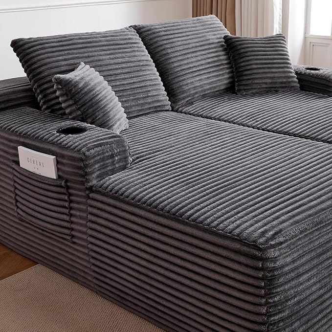 69-Inch Fluffy Corduroy Boneless Sleeper Daybed Loveseat Double Recliner Chaise Lounge Sofa Couches, Floor Cloud Sofa Chaise W/4 Pillows for Home Apartment Living Room