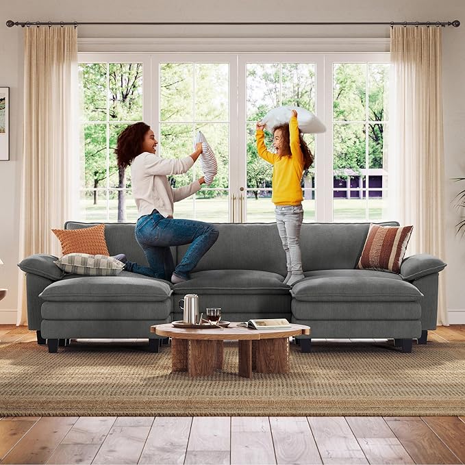 LINSY HOME 123'' Modular Sectional Sofa Green Couch Corduroy Cloud Couches for Living Room, U Shaped Couch with Movable Ottoman, Modern Cloud Sectional Sofas for Bedroom and Apartment, Grey