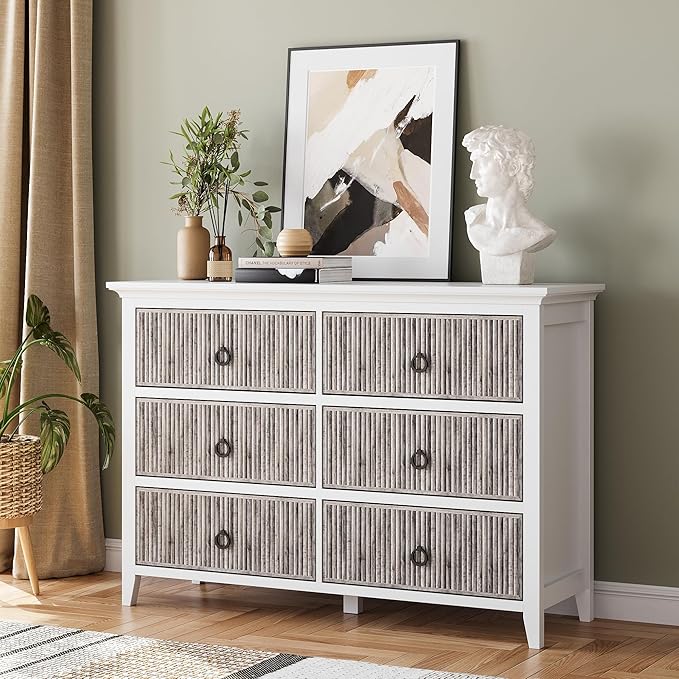 GarveeHome 6 Drawer Dresser for Bedroom, Waveform Fluted Chest with Large Drawer, Wooden Chest of Storage Cabinet, Fluted Dressers for Bedroom Living Room Hallway Closet, Anti-Tipping