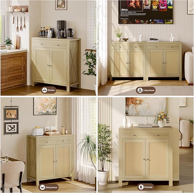 31" Sideboard Buffet Cabinet, Farmhouse Buffet Cabinet with Storage, Rattan Doors Cabinet, Multi-Functional Storage Cabinet Console Coffee Bar Cabinets for Entryway Living Room, Light Brown, 1 PCS