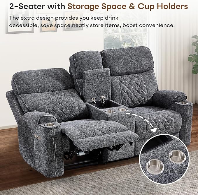 HAOMARKETS 3-Piece Power Recliner Sofa Set with Charging Port, Include 2-Seater Loveseat Reclining Couch with Hidden Storage and Cup Holders and 2 3-Seater Recliner Couches for Living Room, Dark Grey