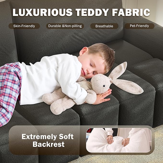 KEIKI 90.2" Modern 3-in-1 Sleeper Sofa Bed – Teddy Fabric 4-Seater Couch with Storage, King Size Convertible Sofa for Office, Guest Room, Home Workspace, Reclining Sofa Bed with Casters